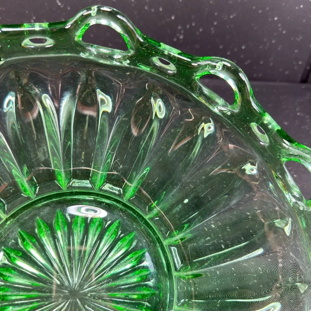 Antique Fostoria Colonial Prism Green Uranium Glass Lace Rim Bowl 11Inch UV Glow